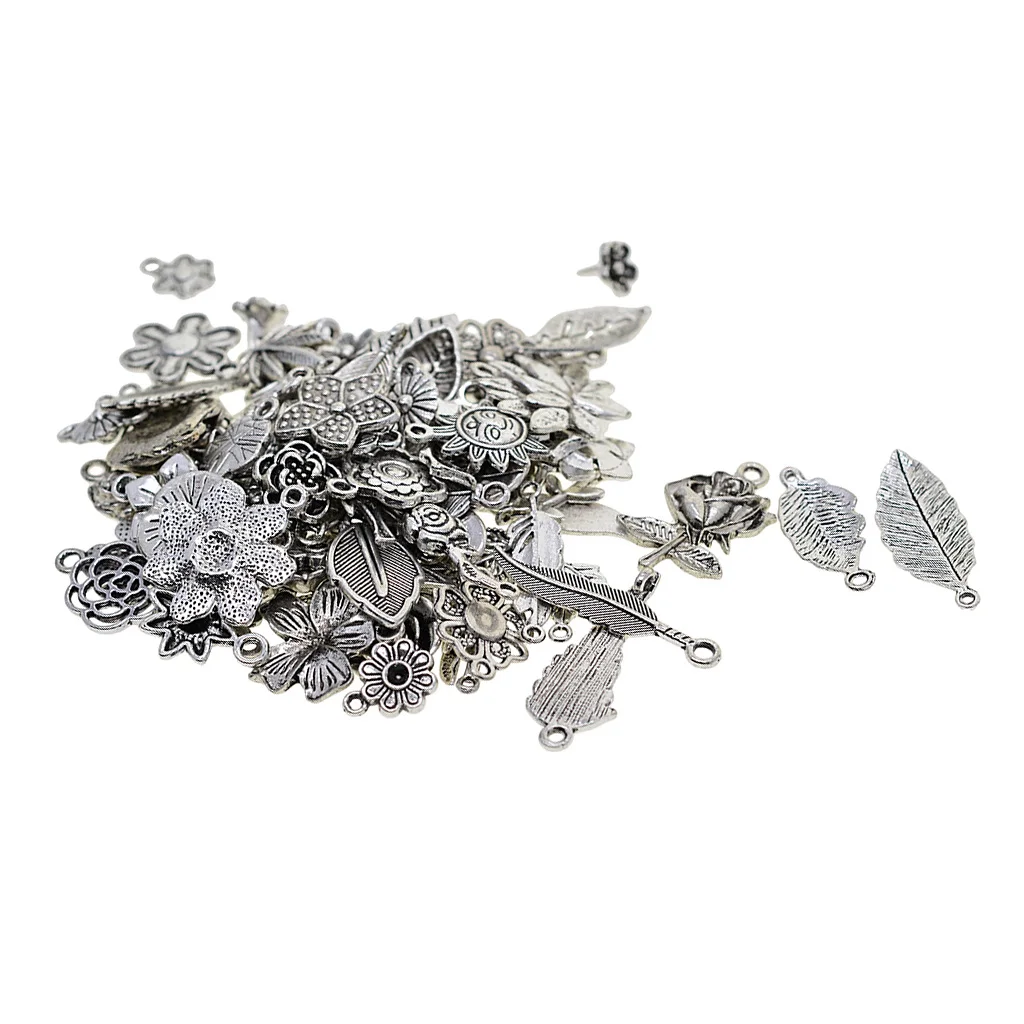 100 Grams Tibetan Silver Plated Mixed Plant Leaves Flowers Charms Pendants Connectors DIY for Jewelry Making and Crafting