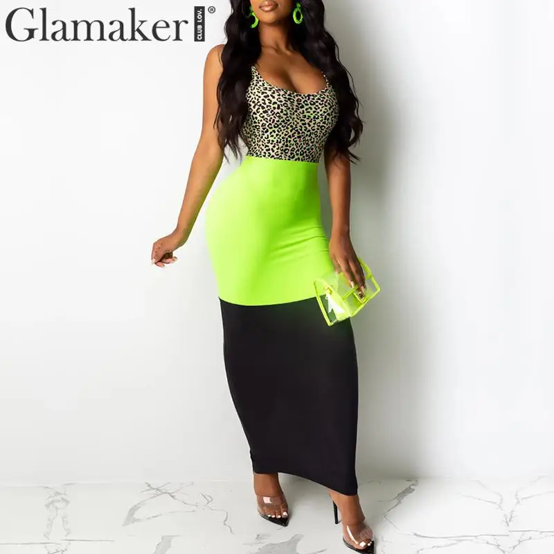 

Glamaker leopard patchwork sexy dress Sleeveless party dinner bodycon long dress Streetwear club autumn dinner vestidos 2019