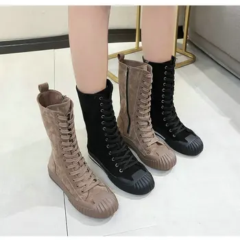 

Women new brand Mid-Calf boots high quality abkle casual boots famale spring autumn zipper lace up falts boots B64-12