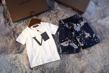 

High-end Summer Children's Boys and Girls Mercerized Cotton T-shirt + Camouflage Pattern Shorts Suit 2 Pieces Set 100-150 Kids