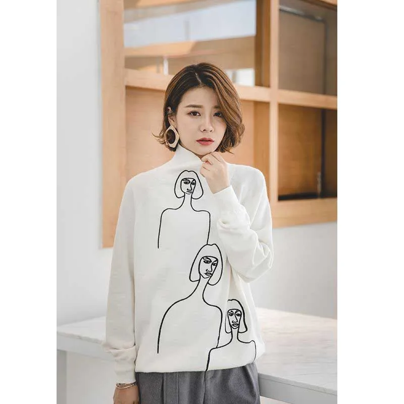 Ladies Spring White Turtleneck Sweaters Female Fashion Abstract Character Embroidery Knitting Tops Casual Long Sleeve Tops Ladies Spring White Turtleneck Sweaters Female Fashion Abstract Character Embroidery Knitting Tops Casual Long Sleeve Tops