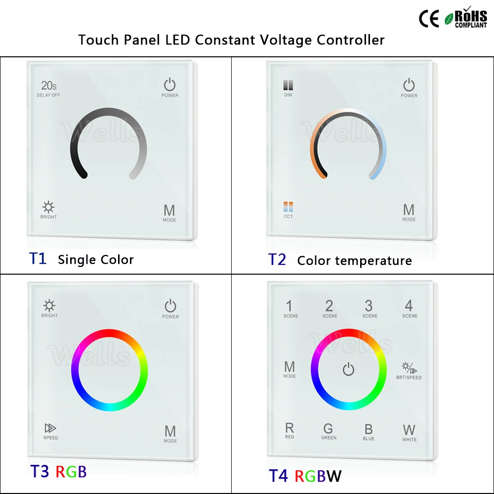 

Wall mounted Touch Panel T1/T2/T3/T4 2.4G LED Constant Voltage Controller for single color/color temperature/RGB/RGBW led strip