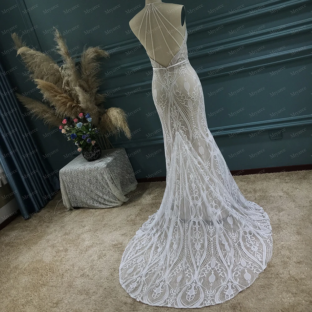 Mryarce Neues böhmisches Spitzen-Hochzeitskleid, ärmellos, offener Rücken, Boho-Brautkleider – Detail 3