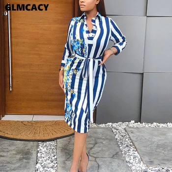 

Women Floral&striped Printed Midi Shirt Dress Long Sleeve Turn Down Collar Slim Dress Elegant Office Workwear