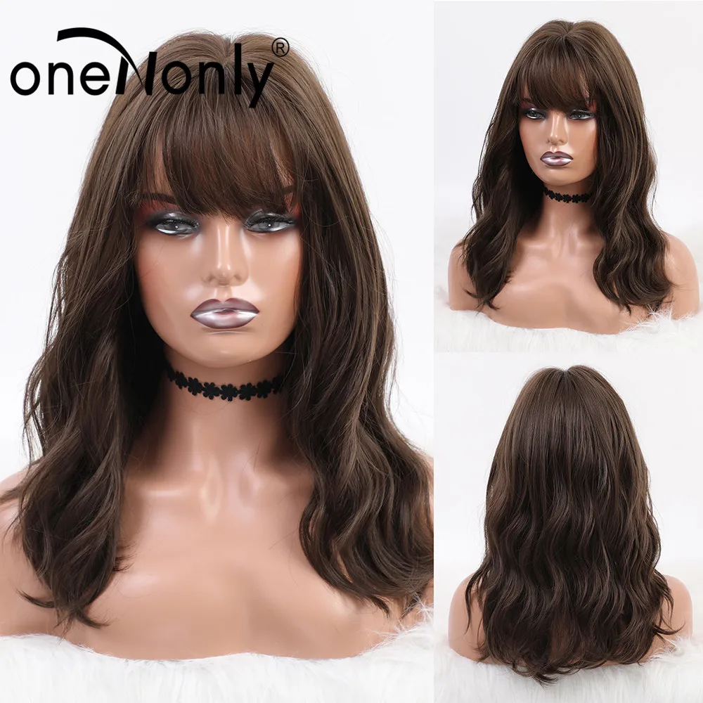 

oneNonly Ombre Synthetic Wigs Brown Medium Body Wave Hair Wig with Bangs for All Women Glueless Heat Resistant Free Shipping