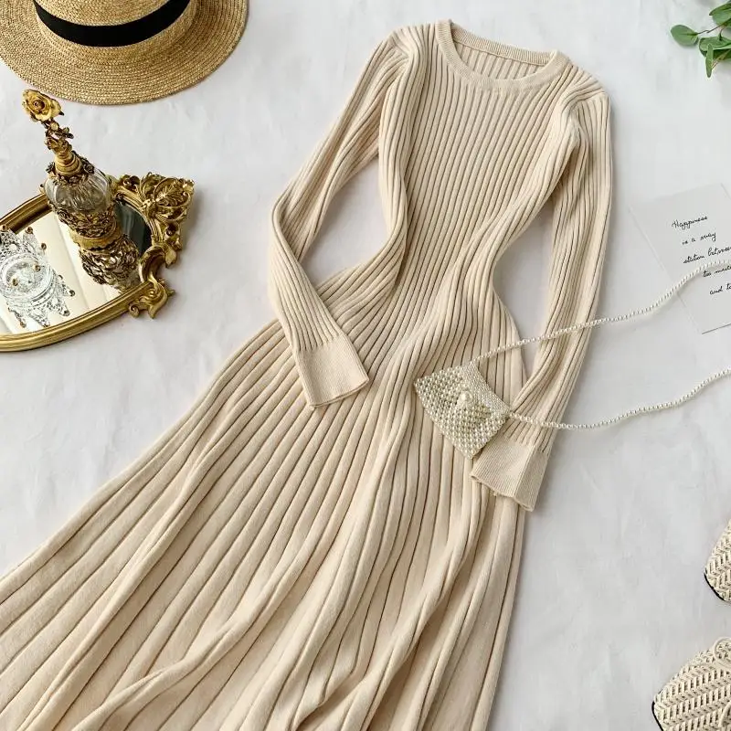 ALPHALMODA женское платье трапециевидной формы с длинными рукавами, длиной до колена, простое трикотажное платье, однотонное тонкое винтажное осенне-зимнее платье