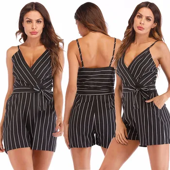 

Womens Striped Jumpsuit Female Rompers Bow Belt V-Neck short Wide leg Straps Sleeveless Beach Jumpsuits