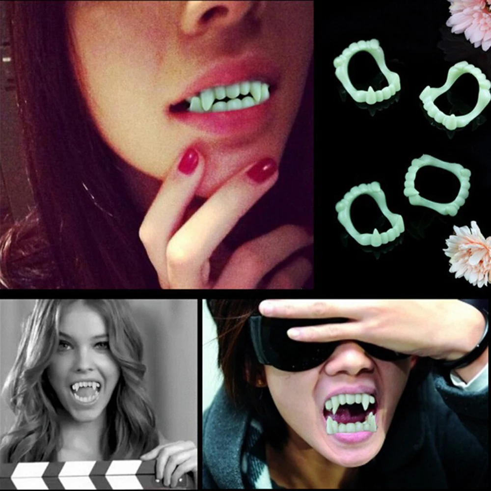 

1PC Luminous False Vampire Teeth Fake Glow Teeth Gag Toy for Halloween Night Party Cosplay Masquerade Makeup Funny Dentures