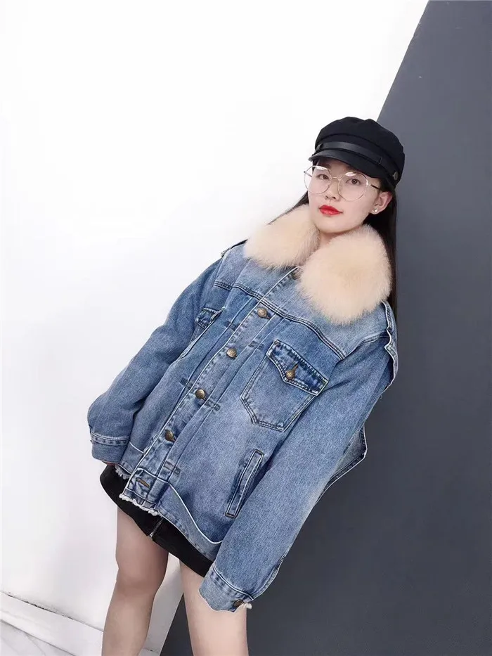 real fur coat Winter Jacket Women Coat Real fox Fur lined denim jacket Parka back letter print