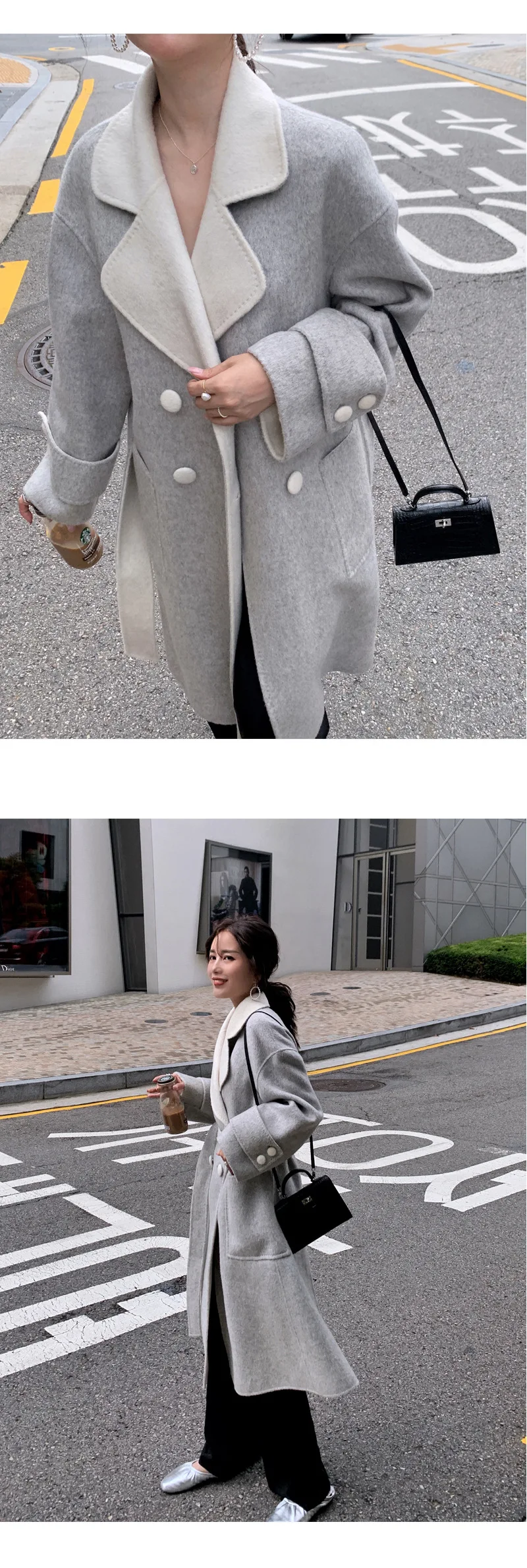 Spring and autumn Loose Office Lady Coat Woman Long Sleeve Turn-down Collar Over Knee Double Breasted Woollen Overcoat