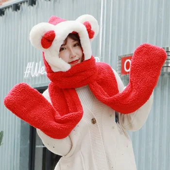 

3 In 1 One Piece Outdoor Soft Solid Cute Washable Warm Scarve Plush Fashion Thick Women Winter Hat With Gloves Sweat Absorb