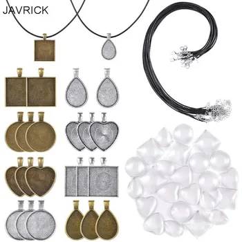 

60 Pcs/set Necklace Pendant Bottom Tray Set with Glass Necklace Leather Cord For Photo Pendants DIY Jewelry Making