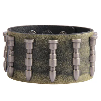 

Wide version braided beaded bracelet Vintage Men's Bangles Fashion Single round of alloy bullet cowhide bracelet