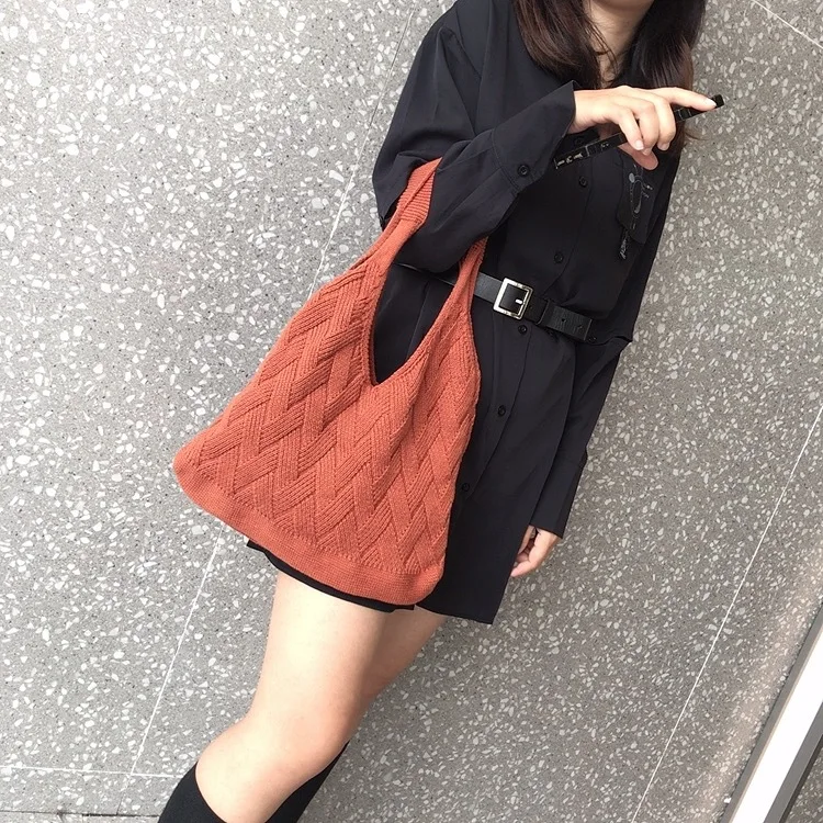 

Korean-style New Style CHIC Knitted Shopping Bag Large Capacity Simple Portable Shoulder Bag Weaving Vest Hand Woolen Yarn Bag