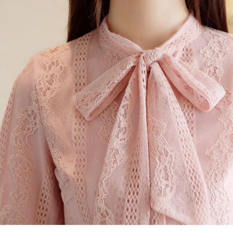 Blusas mujer de moda зимние теплые толстые рубашки с воротником-бантиком, волнистые блузки размера плюс, кружевные топы, модные женские блузки