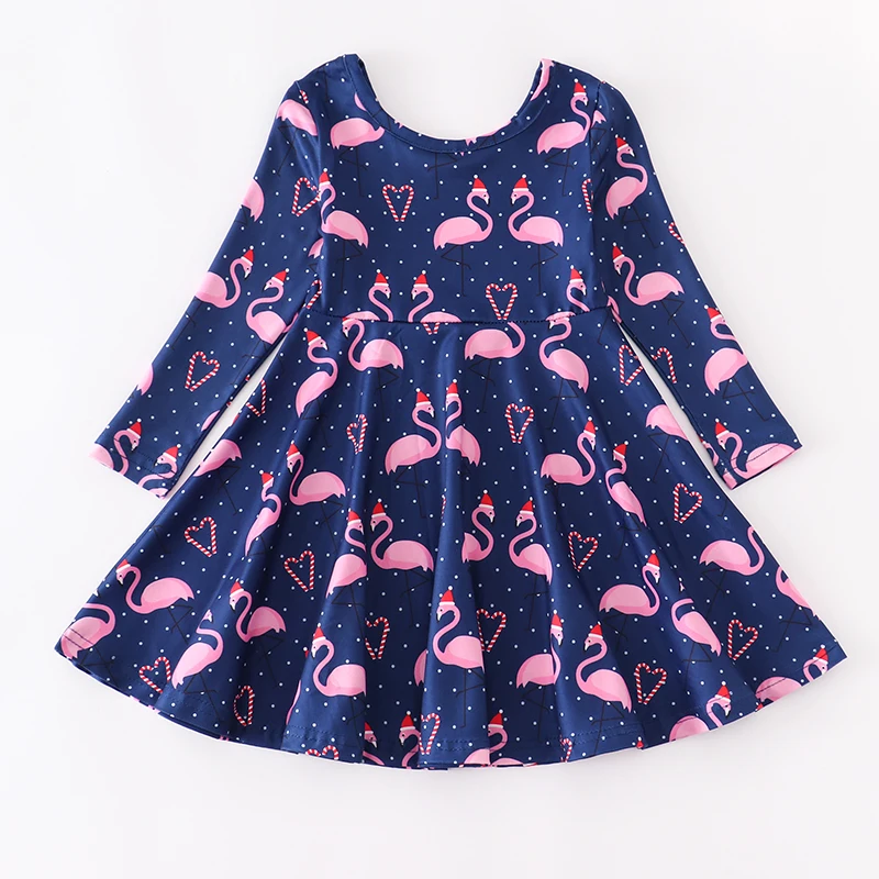 Girlymax Christmas Baby Girls Kids Clothing Milk Silk Dinosaur Flamingo Santa Print Ruffles Twirl Dress Knee Length Long Sleeve dress haloween