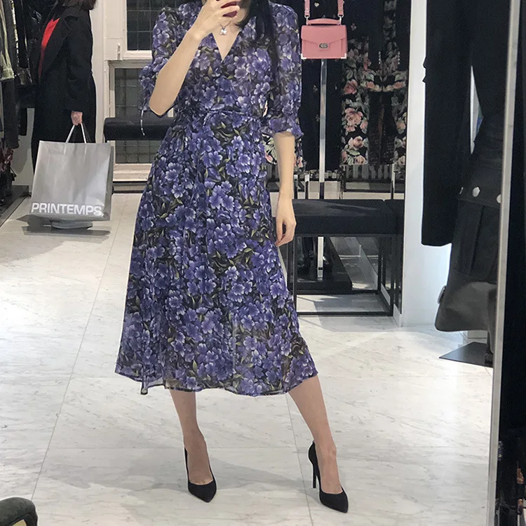 

Single the Kooples19 Summer New Style V-neck Capri Puff Sleeve Ladies' Mixed Colors Printed Lace-up Dress