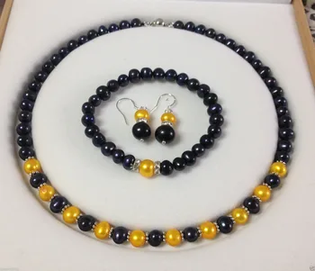 

Hot selling *******Natural 7-8MM Black & Yellow Cultured Pearl necklace Bracelet Earring Set
