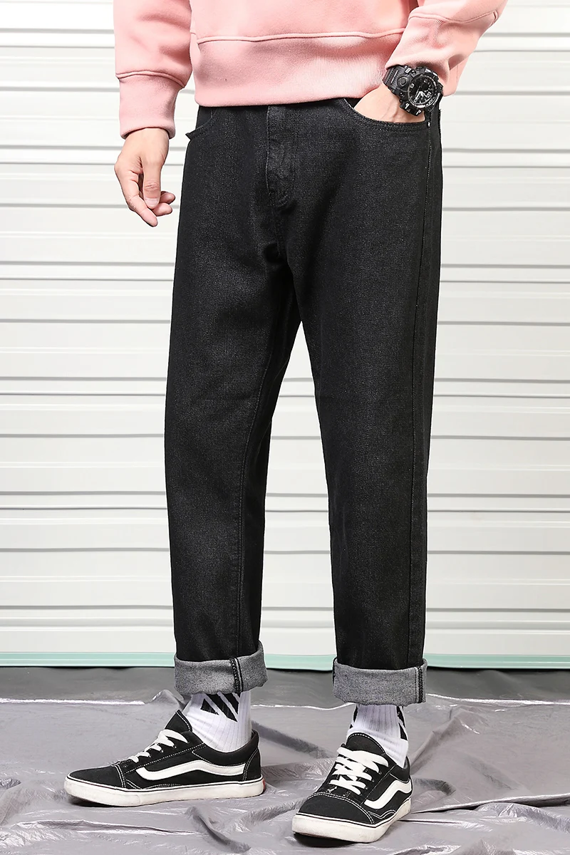Весна и осень новые молодежные мужские однотонные необработанные свободные прямые джинсы модные повседневные штаны черные/синие M-3XL