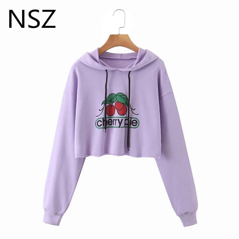 NSZ women cherry print crop top sweatshirt oversized hooded jacket pullovers ladies cropped hoody short hoodies aesthetic jumper | Женская