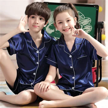 

Pajamas Summer New Products Simple Cardigan Fold-down Collar Set Model Silk Short Sleeve Shorts Childrenswear-Outer Home Wear
