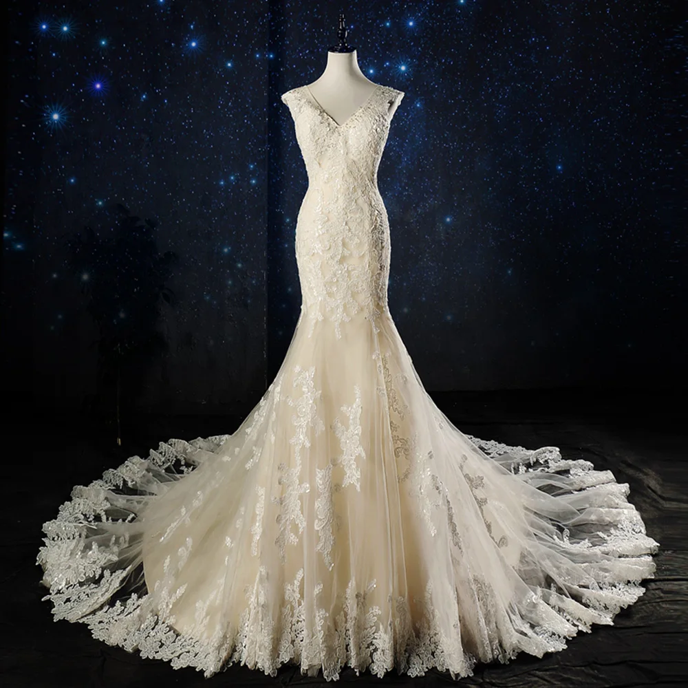 Выполненное на заказ свадебное платье "Русалка" Элегантное Vestido De Noiva Sereia с v-образным вырезом на молнии бисером блестками кружевное Тюлевое платье в виде раструба