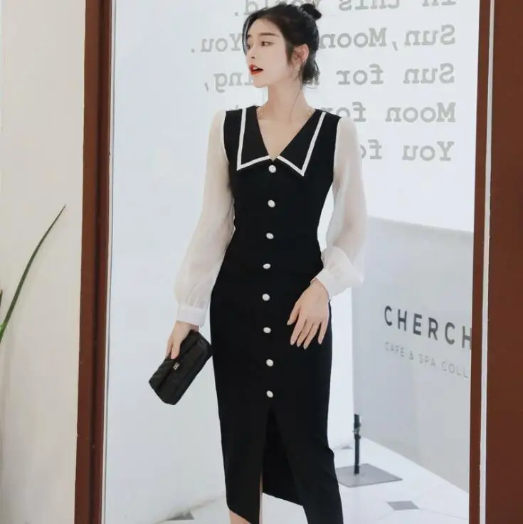 

Vintage Elegant Bodycon Dress Autumn Peter Pan Collar Single Breasted Slim Split Bandage Dress Vestidos