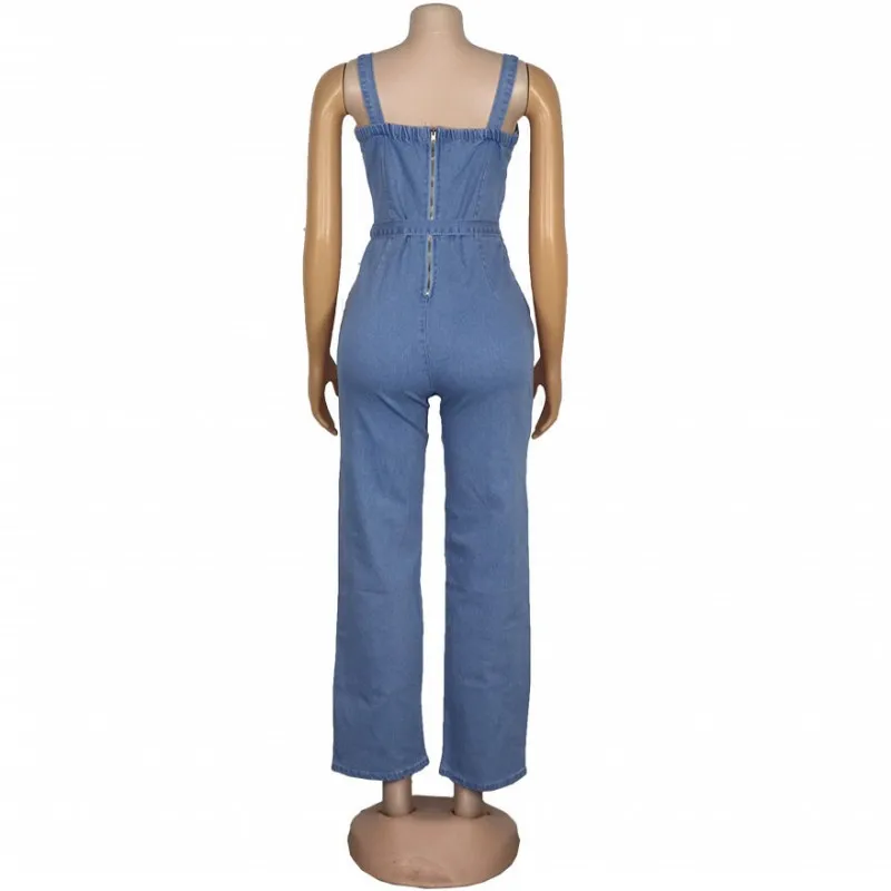 Sling Denim Jumpsuit Fashion New Stretch Lace Open Back Slim Blue Jeans  2021 Autumn African Women's Casual Straight-Leg Trousers