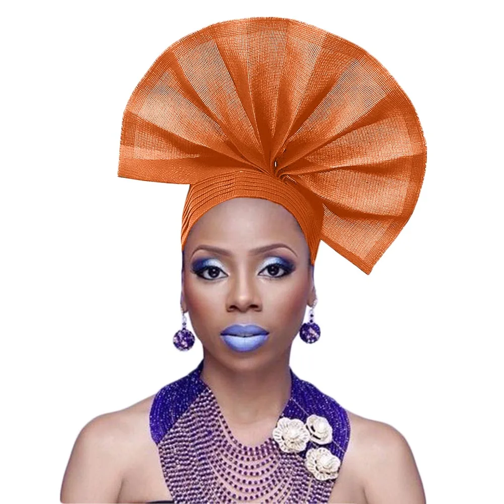 Вентилятор aso oke головной убор Африканский aso oke головной убор вентилятор авто геле aso ebi нигерийские головные аксессуары модный головной убор - Цвет: Orange