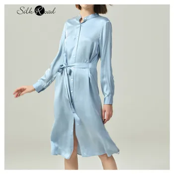 

Silviye Silk satin dress women's mulberry silk collar high waist shirt dress A-line bow dress blusas mujer de moda 2020