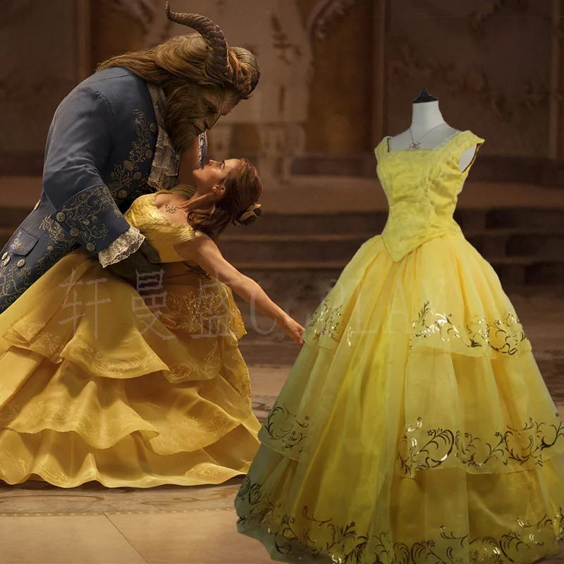 

Top Quality New Moive Beauty And The Beast Belle Princess Yellow Cosplay Costume Dress For Adults Women Girls Custom Made