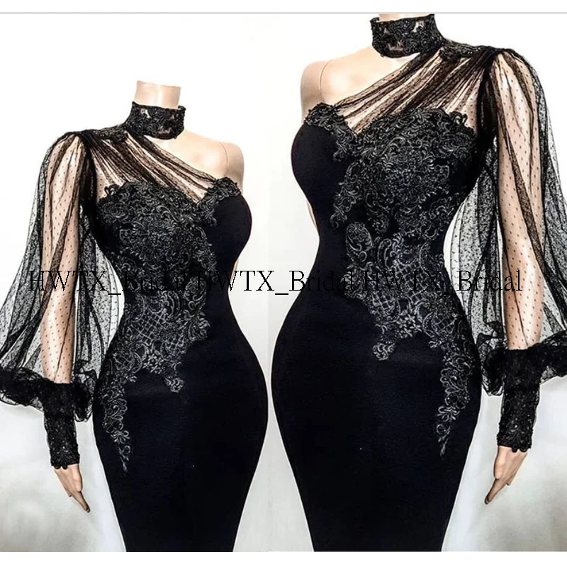 

Vintage Lace Evening Dress 2020 New Customized One Shoulder Transparent Long Sleeves Black Mermaid Formal Party Gown with Train