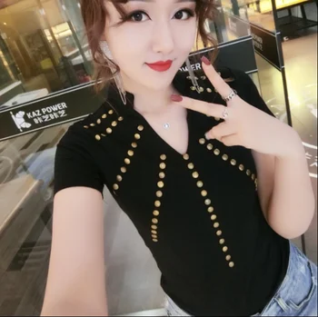 

Rivet Tshirt for Women Summer Tops Fashion Circle Riveting V-neck Short Sleeve T-shirt Girls Ladies Slimming Tops T Shirts Tee