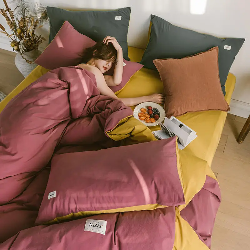 Двухцветные постельные принадлежности, томатный красный/желтый Комплект постельного белья из стираного хлопка, одноцветное постельное белье, односпальная/двуспальная кровать