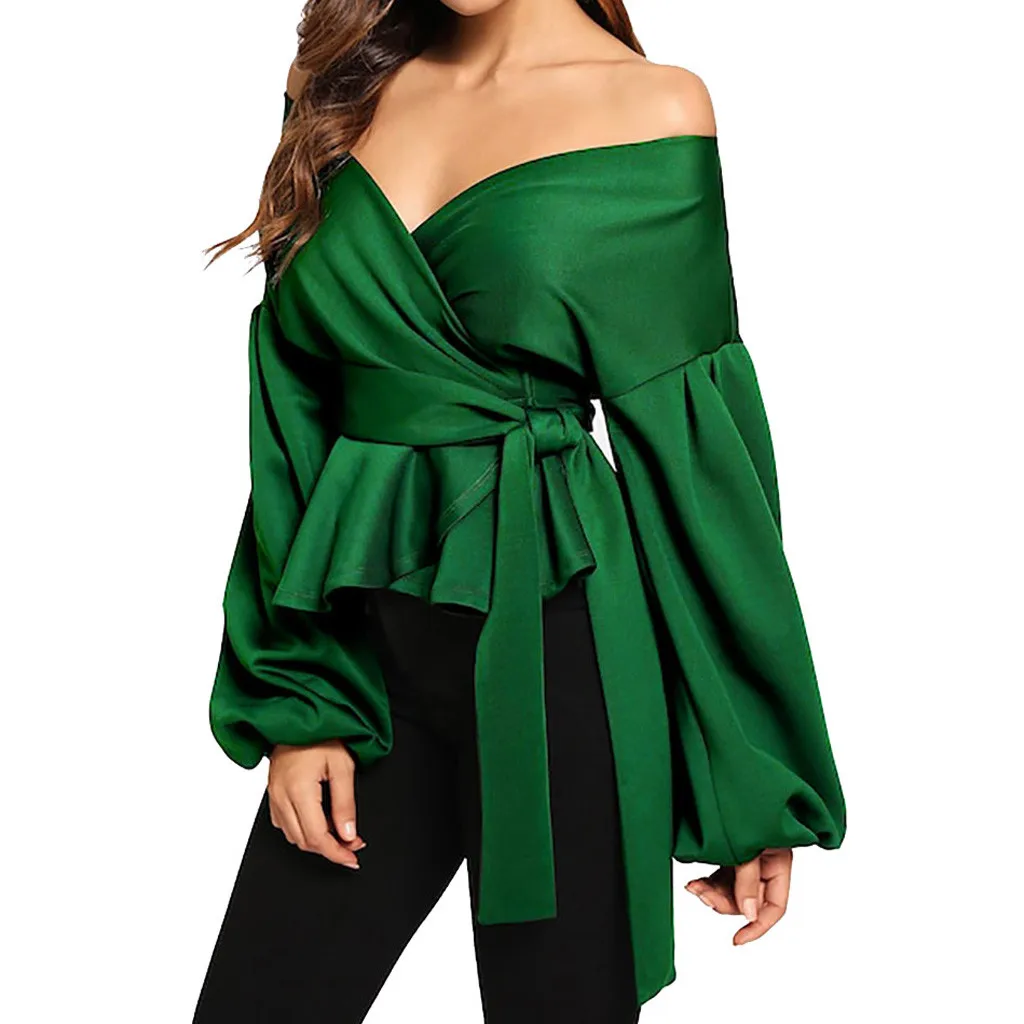 

Green Elegant Office Lady Solid Off Shoulder Lantern Sleeve Surplice Peplum Blouse Autumn Workwear Women Tops And Blouses #B