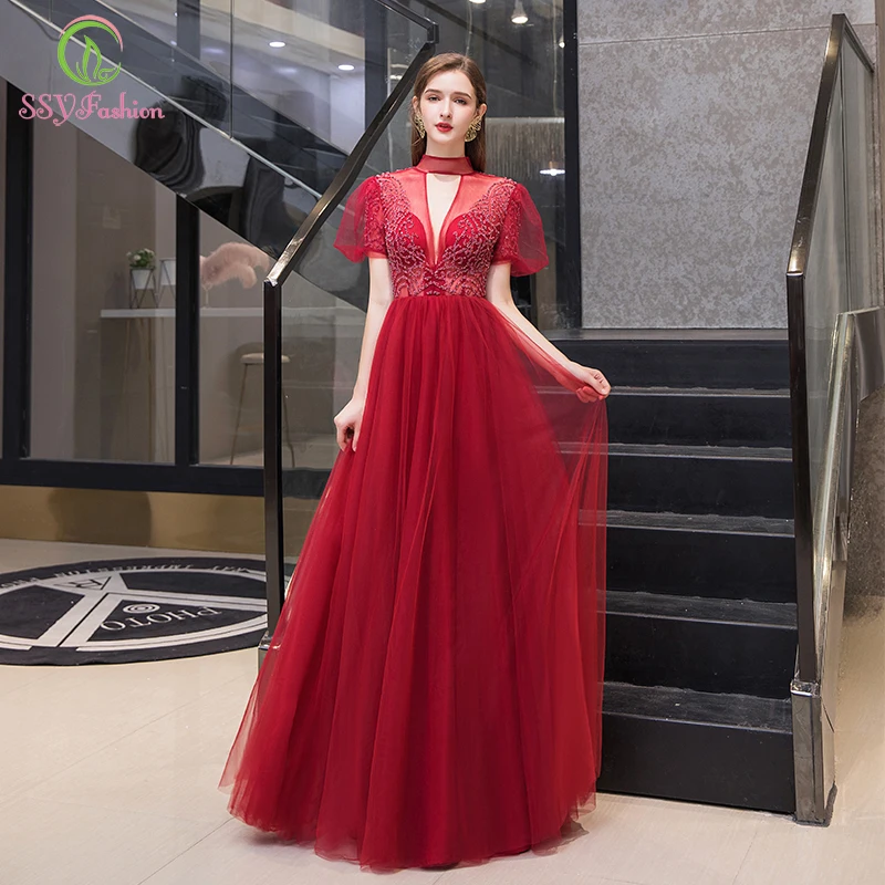 SSYFashion, Новое высококачественное красное вечернее платье, роскошное, с высоким воротом, с блестками, с бисером, с коротким рукавом, длинное, официальное платье, Vestido De Noche