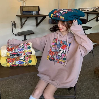 

Hoodies Women 2019 New Korean Cartoon Hoodie Women Loose Medium Length Plush Long Sleeve Coat Streetwear Women Clothes
