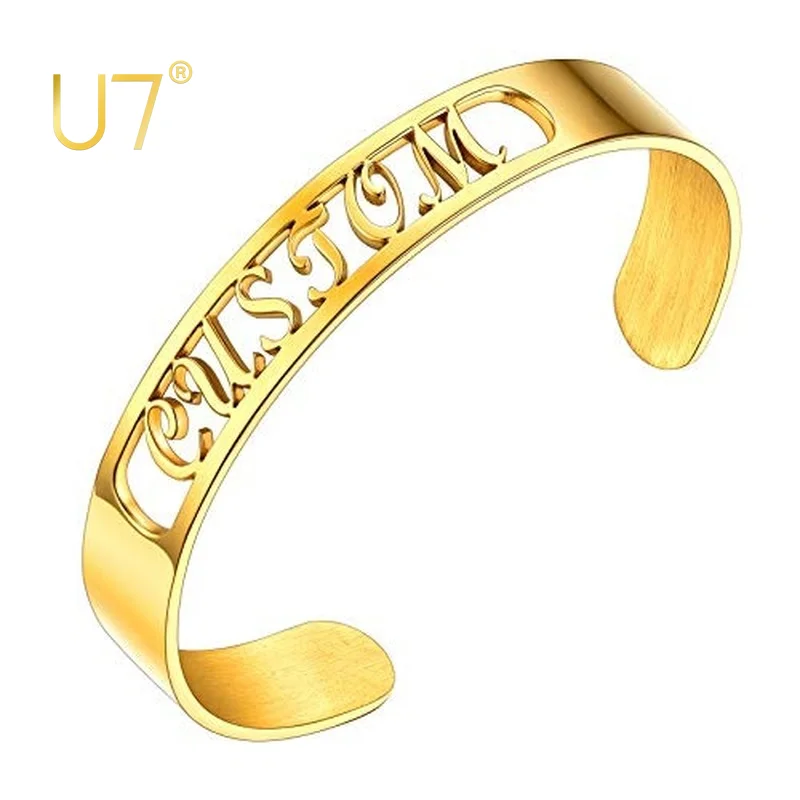 U7 Name Cuff Bracelet for Women Customized Gift 10MM Wide Stainless Steel Chunky Open Wristband Custom Jewelry bridal bridesmaid corsage wrist flower wedding festivals pearl silk yarn hand flower bridesmaids silk wristband bracelet jewelry