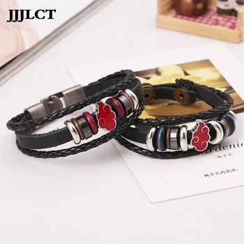 

NARUTO Akatsuki Uchiha Itachi Cosplay Accessories PU Leather Wristband Bracelet Prop Cloud Symbol Double Twine Metal Jewelry Red