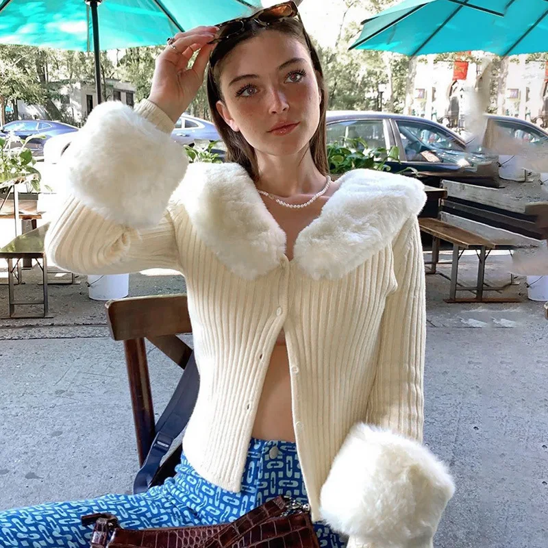 Oushang-suéteres de punto acanalados para mujer, suéteres con cuello de piel de manga larga, suéteres ajustados de punto para otoño e invierno, Y2K