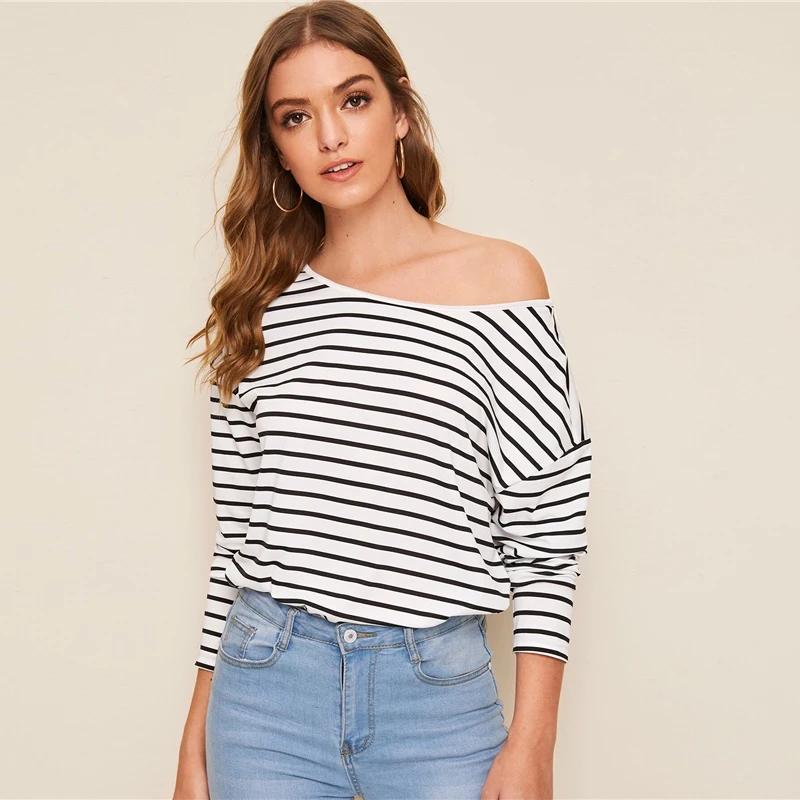 SHEIN черно-белая футболка в полоску с вырезами сзади на плечах Женская Осенняя пикантная футболка с длинным рукавом Топы