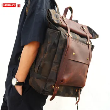 

The First Layer of Leather Canvas Men Backpack Male Camouflage Mountaineering Outdoor Travel Backpacks Large Capacity Schoolbag