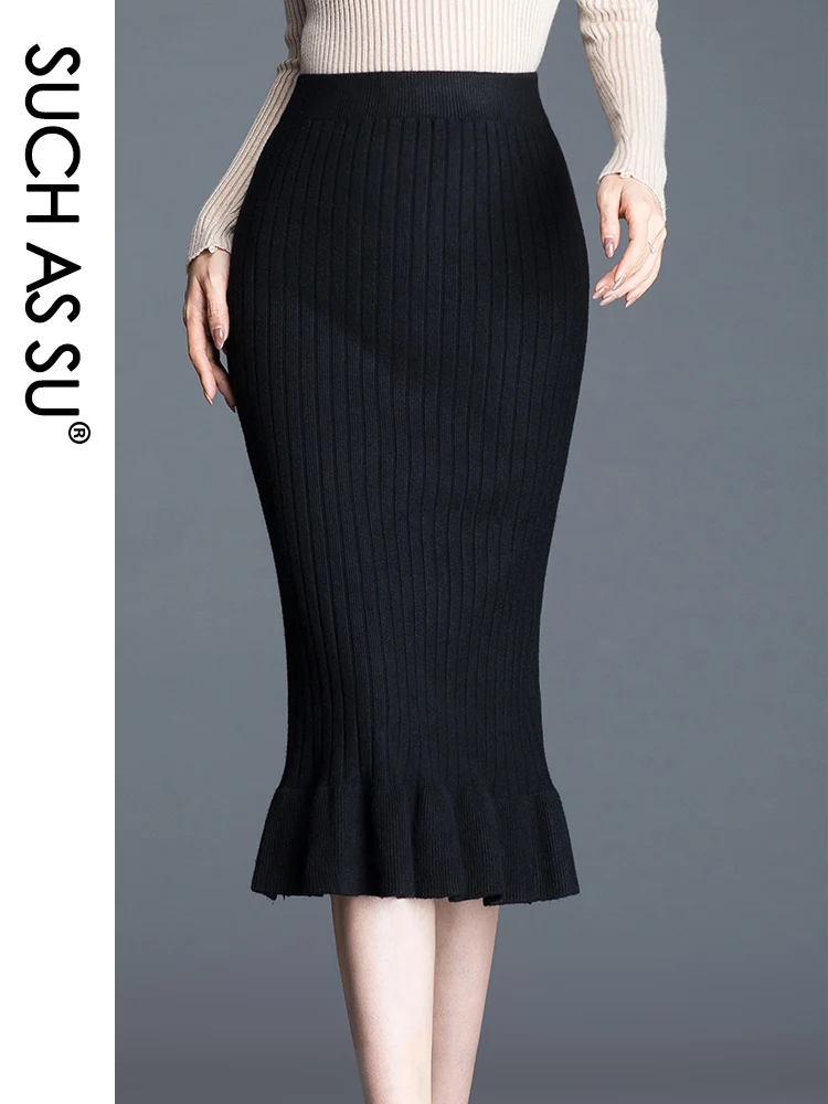 Black Skirt Новинка, осенне-зимняя Корейская юбка русалки, Женская Черная вязанная юбка-карандаш, эластичная юбка размера плюс, Женская облегающая юбка средней длины с оборками - Цвет: Black Skirt