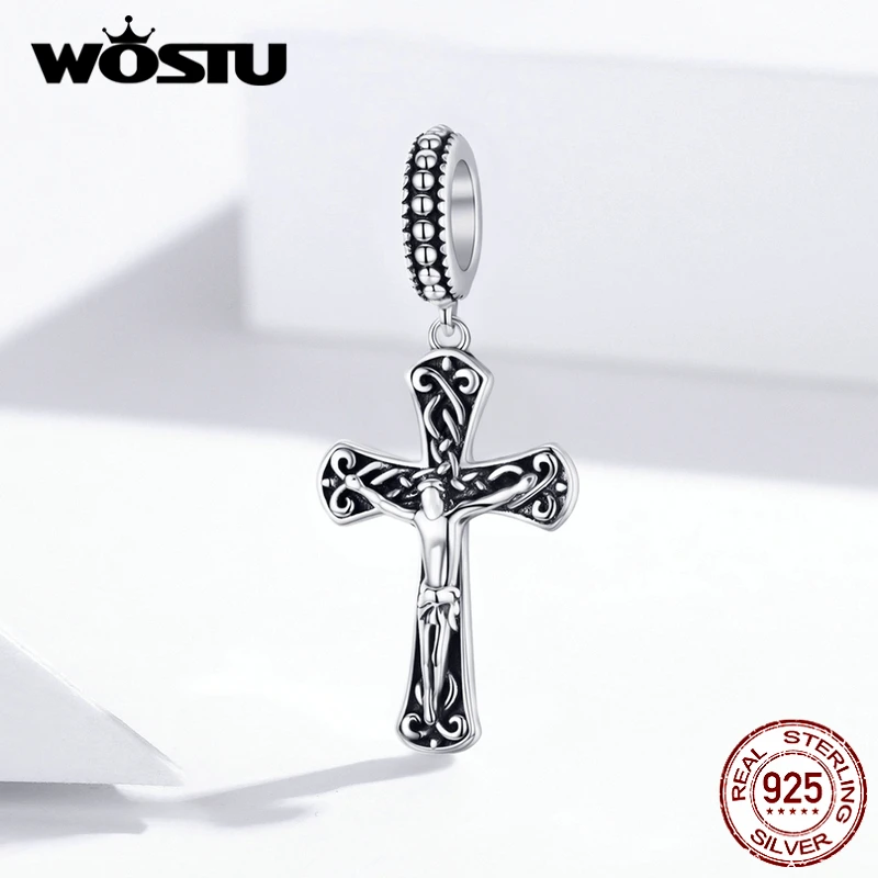 WOSTU 925 пробы серебряный крестик с Иисусом Христом бусины талисманы подходят браслет ожерелье кулон религиозный стиль ювелирные изделия DXC1407