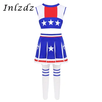 

Kids Girls Carnival Cosplay Party Cheerleader Costume Outfit Stars Printed Crop Top with Mini Skirt and Socks Dancewear Set