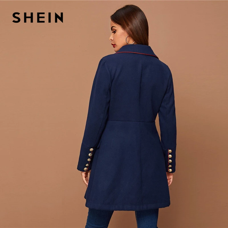 Beste SHEIN Zwarte Revers Kraag Gouden Knop Detail Contrast Piping Jas Winter Lange Mouw Elegante Uitloper Lange Jassen Erwt