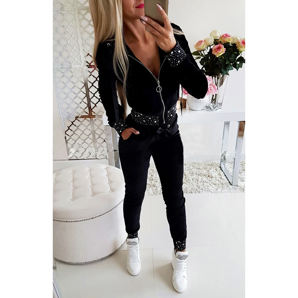 

2 Piece Set Women Clothing Set Long Sleeve Black Pearl Sequins Zipper Ladies Outfit Set Autumn Winter Fashion Female Clothes