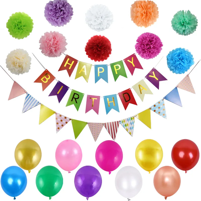 Разноцветный баннер с надписью Happy Birthday и разноцветными бумажными флажками