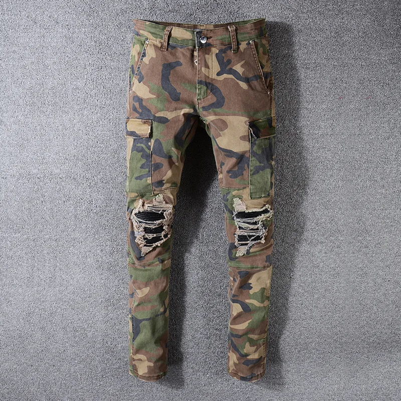 Pantalones vaqueros con estampado de camuflaje para hombre, Jeans de motorista militar de retales para Moto, ajustados, rectos, de bolsillo verde del ejército, Cargo