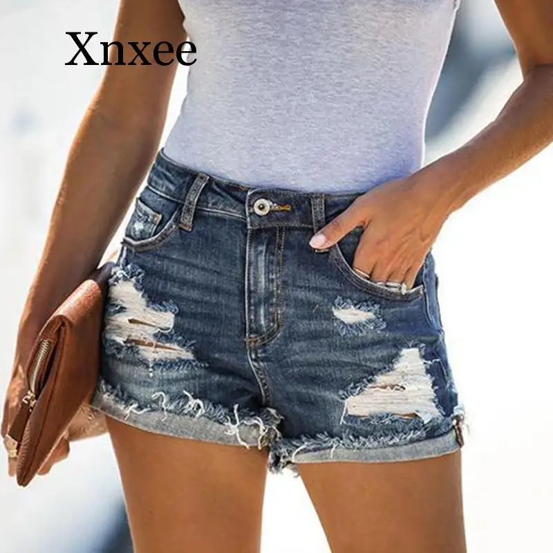 Beach  Women 2020 Summer Denim Shorts Jeans Ripped High Waist Shorts Woman Cuffs Crimping Holes Denim Shorts Jeans Pants Ladies 2023 ladies denim shorts with high waist and holes washed with tassels sexy slim slimming hot pants